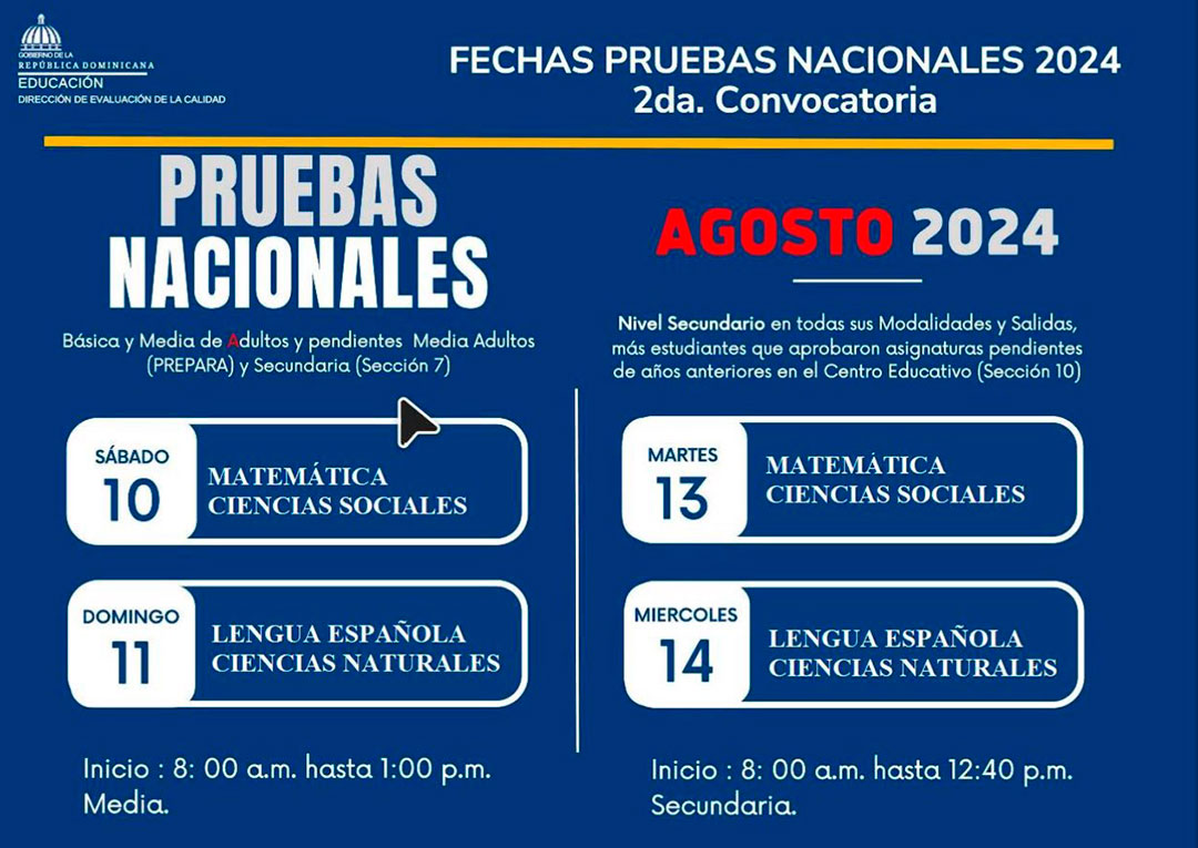 Segunda convocatoria Pruebas Nacionales inicia este sábado 10 de agosto